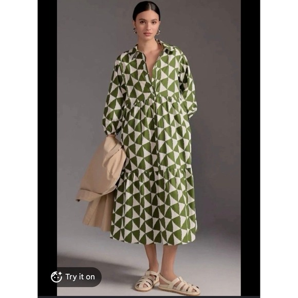 Maeve by Anthropologie Dresses & Skirts - Maeve Shirt Dress Womens Large Green Geometric Tiered Cotton Midi